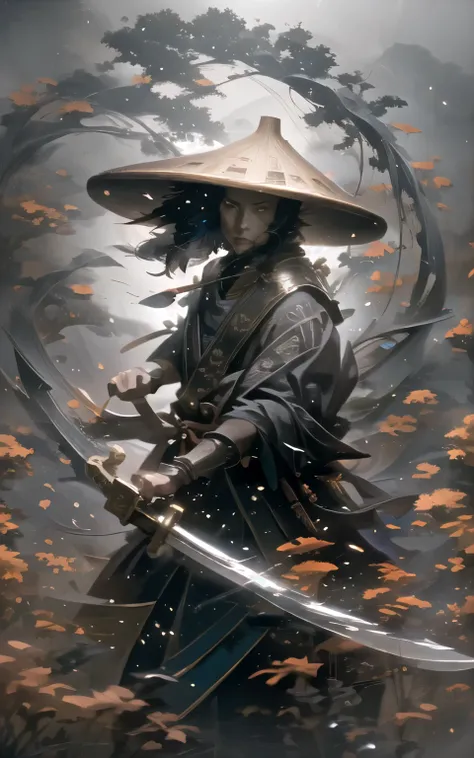 Painting, a Chinese warrior with his holding a sword, swirling cyclone, bamboo hat, super wide-angle lens, colorful arrangements, shiges visual aesthetic style, made of flowers, claire-obscure lighting, dark orange and teal, i cant believe how beautiful th...