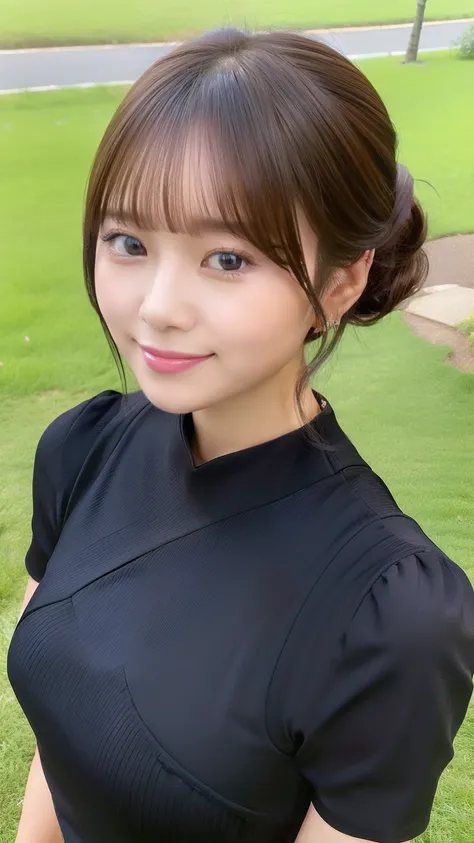 (8k, Highest quality, Masseter region, Ultra-high resolution:1.2),Japanese women photos, ((cute)),（Updo）,, (Black tight dress), smile, Standing in the grass,