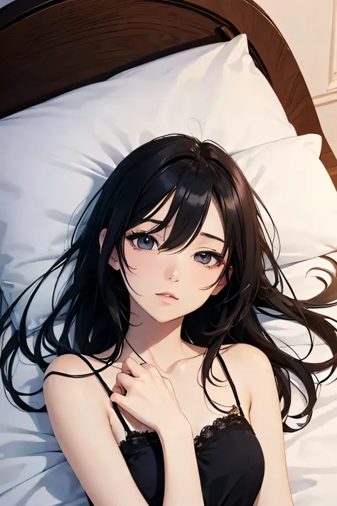 ((Highest quality)), ((2D)), (Anime Style), Perfect Face,,Beautiful Face,Fine skin,bed,Small breasts,Thin arms,Skinny,Lace camisole,Black Hair