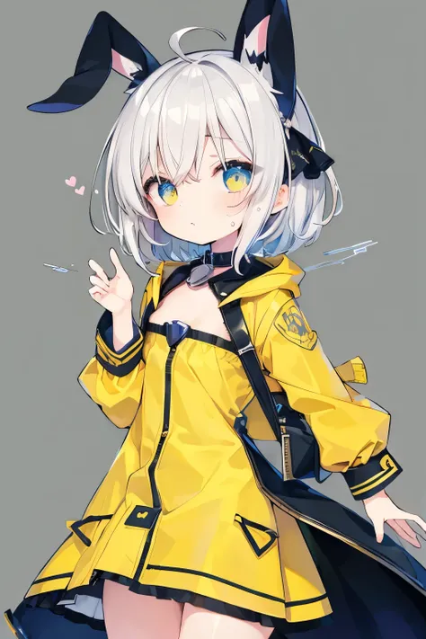 Yellow raincoat、Bunny girl、Rabbit ears、Very beautiful and Shining Eyes、Shining Eyes、1 person、Small breasts、Transparent silver short hair、Putting on a collar、Elementary school girl、8 Year Old、(((((Small body)))))、heart❤、((Sweat、vapor)）