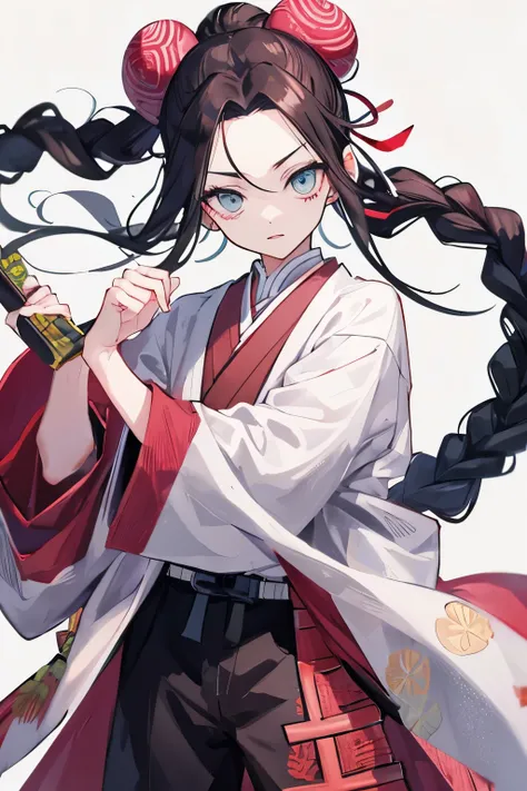 create the rengoku from kimetsu no yaiba with brown colors and that has a samurai bun made of braids