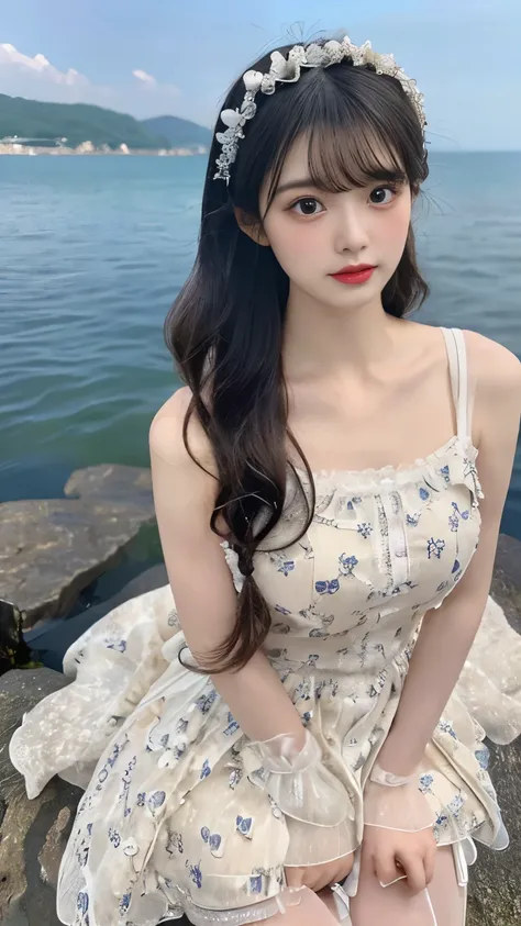 wide shot,((full body))black hair,seaside,sea,flower_dress,(1 beautiful Japanese idol, 20 years old), perfect body, Detailed beautiful delicate face, Detailed beautiful delicate eyes and eye highlights, Very thin and delicate eyelashes that are not too lon...