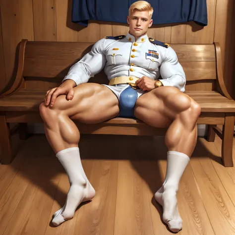 full view full body, one elite military school white blonde guy with military haircut, in navy-blue and gold leather uniform, navy-blue and gold leather shorts, long high white socks, shoes off, ancient gold signet ring, slim muscle, sitting in his long wh...