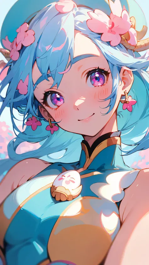 1 Girl、Anime-style paintings、Light blue hair、Pink Eyes、Synchronized Swimming Costume、Acorns、smile、Upper body close-up、(Highest quality, High resolution:1.2, Very detailed)