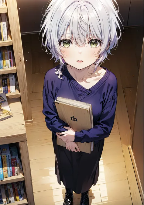 fuukakikuchi, fuuka kikuchi, short hair, bangs, hair between the eyes, (green eyes:1.3),smile,open your mouth,grey hair,one-shou...