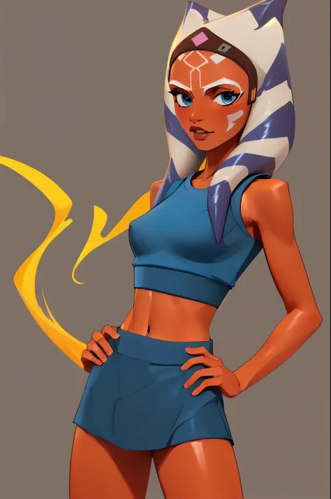 solo, solo, 1 girl, 1 girl, (masterpiece), (best quality), high resolution, 4k, ahsoka tano, slim, runners body, adult, 18, small breasts, orange skin, blue eyes, hands behind back, facing forward, crop top, mini skirt,