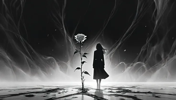 A solitary figure holding a wilting rose, petals falling around them, minimalist Journey,highres,ultra-detailed,realistic,portrait,monochrome,contrast,bold lines,dark atmosphere,simple composition,dramatic lighting,expressive face,subtle emotions,striking ...