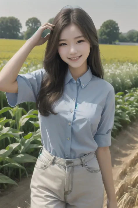 (zh-CN) Farmland, Morning dew, A sun-baked wheat field, leisurely flowering dandelions, (1 beautiful girl), big smiling face under the bright sun, in light cotton clothes, blue shirt, Kind and natural,Girl with a slender body,Thin beautiful girl,