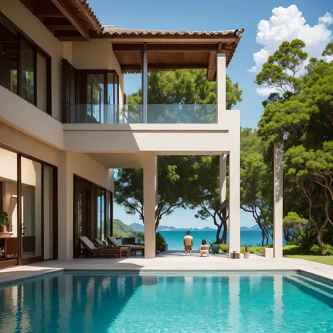 Create a highly detailed and super realistic photo of a man and his fiend far away from photografer swimming in a swimming pool in an exotic villa. The villa is designed with luxurious surroundings, featuring expansive floor-to-ceiling windows, elegant arc...