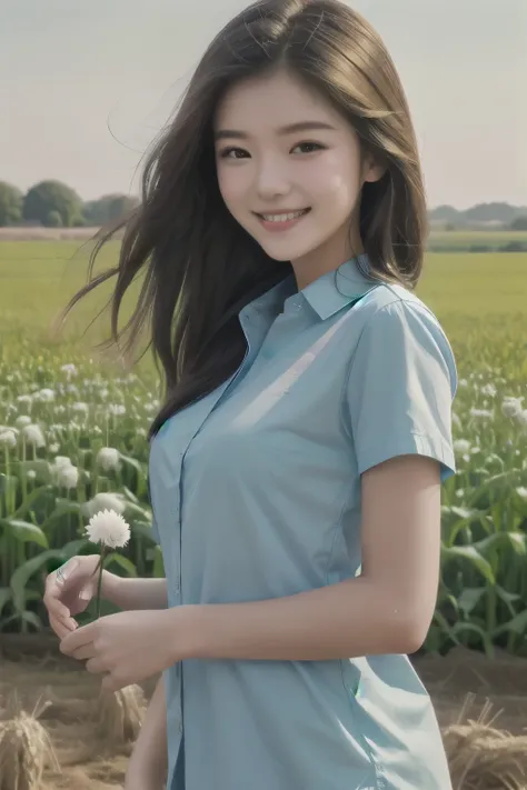 (zh-CN) Farmland, Morning dew, A sun-baked wheat field, leisurely flowering dandelions, (1 beautiful girl), big smiling face under the bright sun, in light cotton clothes, blue shirt, Kind and natural,Girl with a slender body,Thin beautiful girl,
