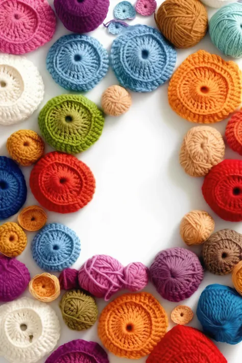 crocheted - crochet colored wool, white background