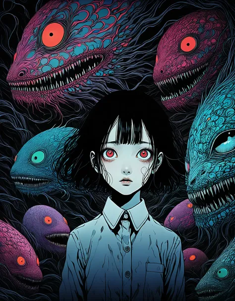 surreal horror, anime style, directed by junji ito, high contrast, vivid colors, eerie atmosphere, psychological tension, intric...