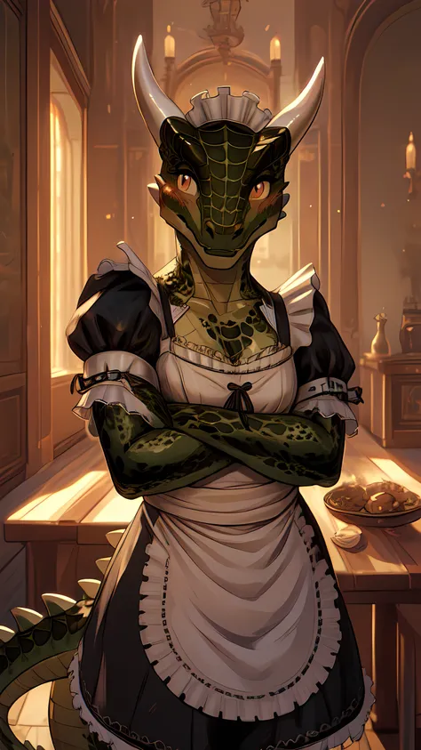 anime, hdr, soft light, ((best quality)), ((masterpiece)), (detailed), lustyargonian, maid, colored skin, green skin, tail, horn...