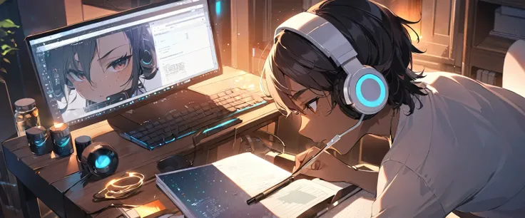 ((Boy)), ((Dark Skin)), ((Freckles on Face)), black curly hair, white streak, ((Studying)), bedroom, ((Calm)), ((Chill)), ((Headphones)), ((Laptop)), ((Monitor)), Night, Bottle, Desktop, ((Hacking)), ((Hacker)), Tech, HD, High Resolution, 4K