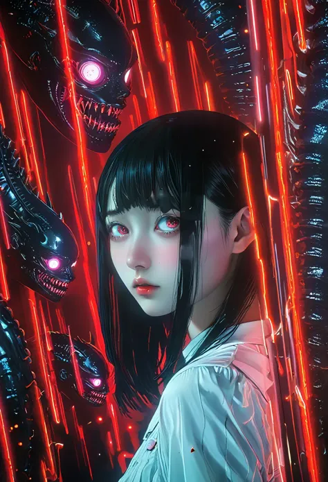 surreal horror, anime style, directed by junji ito, high contrast, vivid colors, eerie atmosphere, psychological tension, intric...