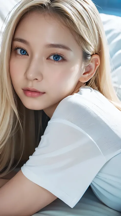 An innocent 20-year-old beautiful platinum blonde、Beautiful, shiny, super long, natural platinum blonde hair、Bangs between the eyes falling on the face、((Wearing an open white T-shirt,Dramatic Pose)),Sexy look,Super long straight blonde silky hair,dazzling...