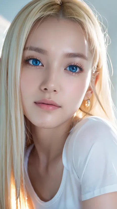 An innocent 20-year-old beautiful platinum blonde、Beautiful, shiny, super long, natural platinum blonde hair、Bangs between the eyes falling on the face、((Wearing an open white T-shirt,Dramatic Pose)),Sexy look,Super long straight blonde silky hair,dazzling...