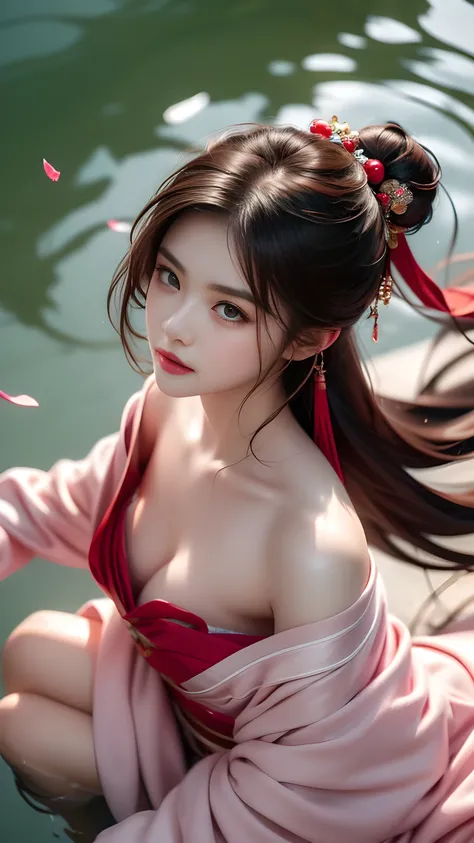 (masterpiece, best quality:1.2), 1 Girl, Solitary, ((gufeng,Bare shoulders)), Warm colors,((whole body)), ((from above)), ((Float,water,float)), Heroine Image，Slender sexy legs，Very beautiful legs，Leaking sexy legs，Large Breasts，beauty, mystery。Beautiful f...