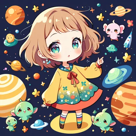 Micho style, Kawaii Design, most beautiful girl ever、chibi, (((Space Exploration))), Lots of cute aliens, Saturn in the background