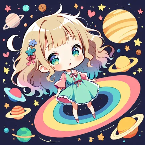 Momoko Sakura colorful style, Kawaii Design, most beautiful girl ever、chibi, (((Space Exploration))), Lots of cute aliens, Saturn in the background