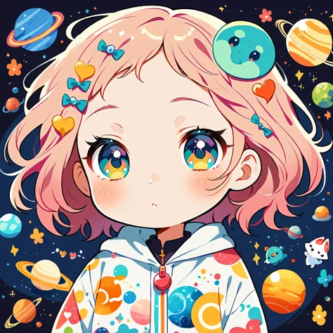 Mika Pikazo style, Kawaii Design, most beautiful girl ever、chibi, (((Space Exploration))), Lots of cute aliens, Saturn in the background