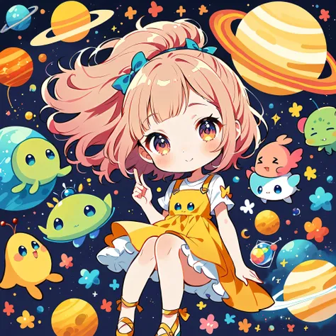 Mika Pikazo style, Kawaii Design, most beautiful girl ever、chibi, (((Space Exploration))), Lots of cute aliens, Saturn in the background