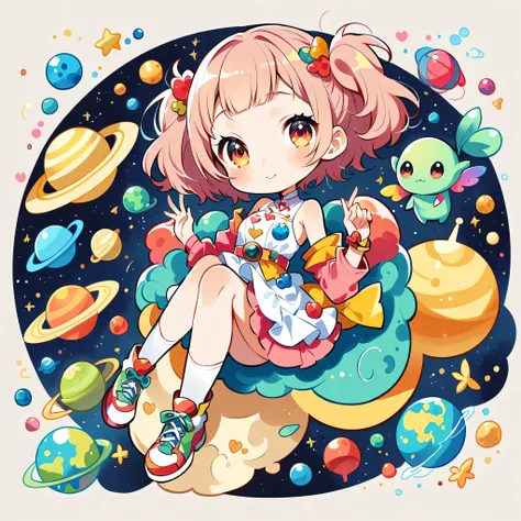 Mika Pikazo style, Kawaii Design, most beautiful girl ever、chibi, (((Space Exploration))), Lots of cute aliens, Saturn in the background