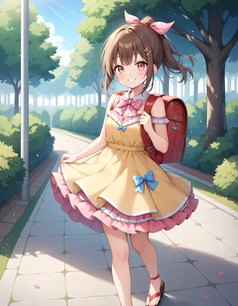 Masterpiece, hd, 1girl, cute girl, brown hair, smile, ponytail, hair ribbon, wearing cute dress, frilled dress,party dress,party costume, colorful dress, bare shoulder, bowtie, standing, outdoor, park, smile, wearing school backpack, red backpack, wearing ...