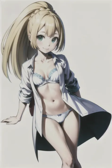 (masterpiece), ((of the highest quality)), alone, blonde ponytail, , smile, White shirt on naked body, white underwear, Open shirt, simple background(little),(littleキャラ) bra and panties