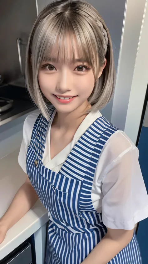 ((masterpiece, Highest quality, High resolution)), One of the Japan, (Realistic: 1.4), smile、Pointed Mouth、Great face,Glossy Lips、15 years old, Silver Hair、Silver Hair、Silver short hair、ponytail、(Beautiful Hair:1.5), Sailor suit、Striped apron、Cleavage、kitc...