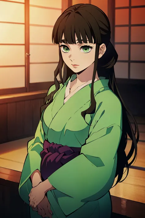 (high-quality, breathtaking),(expressive eyes, perfect face) (((yukata, sexy lips)), 1girl, female, solo, young adult, dark brown hair, green coloured eyes, stylised hair, long length hair, loose hair, side bangs, tied up, japanese clothing, elegant, soft ...