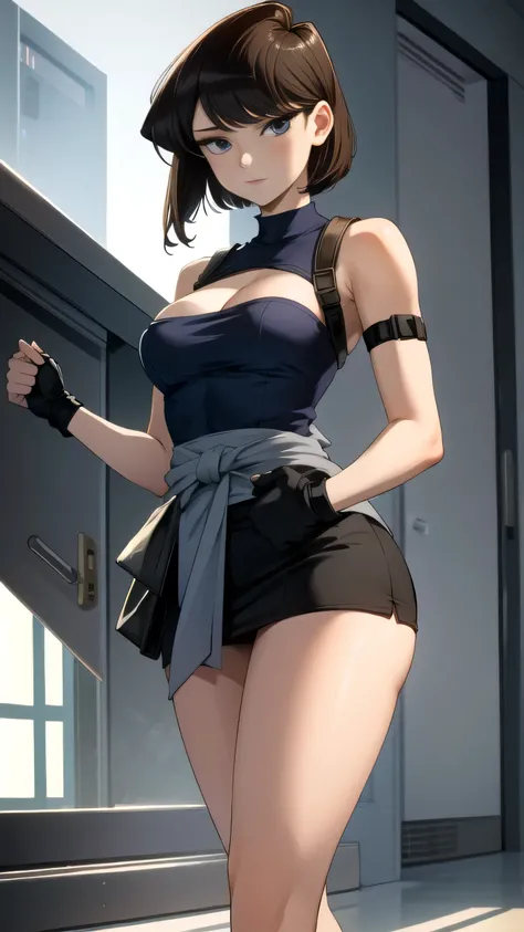 Zirle, Komi Shouko wearing a jill valentine cosplay, 1 girl, chest, arms, gun, skirt, cleavage, Clothing around the waist, blue eyes, fingerless gloves, gloves, short hair, zombie, blonde hair, clock, pencil skirt, sweater around waist, large chest, holdin...