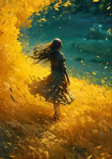 Girl walking through the field, A boiling, swirling wind blows, Cultivate a blade of grass, Mysterious Tree々In the style of, Dark and Blue, Majestic, Vast ocean views, photorealistic representation, Graceful balance, hidden object pictures, Orange --ar 72:...