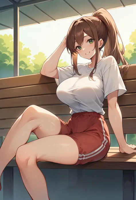 (masterpiece:1.2, Highest quality),(Anime Style),Visible from the knees to the head,morning,Sitting on a bench,student,smile,Green Eyes,Brown Hair,ponytail,Very large breasts,White shirt,Red Tight Bloomers