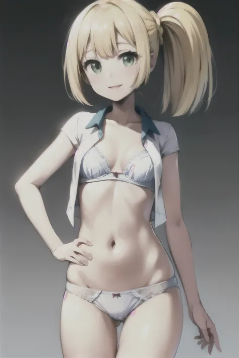 (masterpiece), ((of the highest quality)), alone, blonde ponytail, , smile, White shirt on naked body, white underwear, Open shirt, simple background(little),(littleキャラ) bra and panties