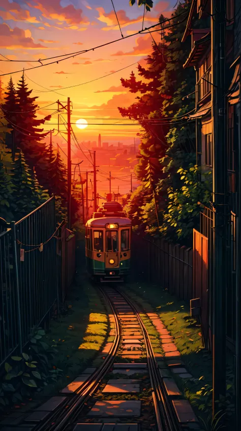 Wide View, Tram, Spiral track, Electric wire and pole, Dense tree branches , Dawn, Iron Fence, Beautiful sunset sky, Signal, signboard, Shadow, Light hits some of the leaves, micro-landscape, Essential Details