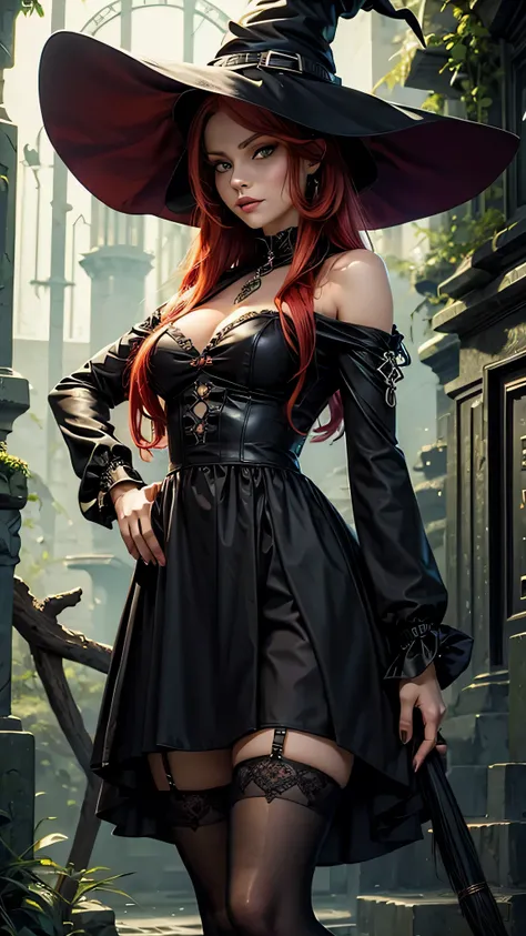 (masterpiece, top quality, best quality), pixel,pixel art, a witch with a witch hat, stockings, and a black dress. She has green eyes and red hair