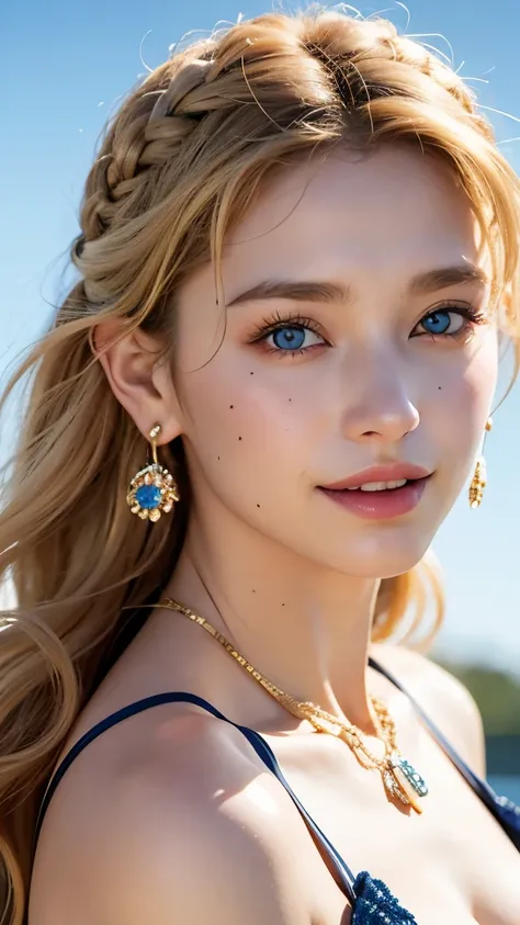 One person, Exposing shoulders, Bellissima, Blonde, blue eyes, Blurred, Blurred background, Braiding, chest, Curly Hair, Earrings, flower, freckles, From the side, jewelry, lips, Long Hair, View your viewers, Look to the side, Mole under the mouth, necklac...