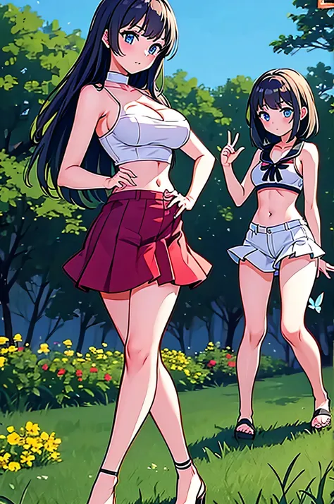 2 girls on vacation in sexy clothes on a meadow playing with a butterfly