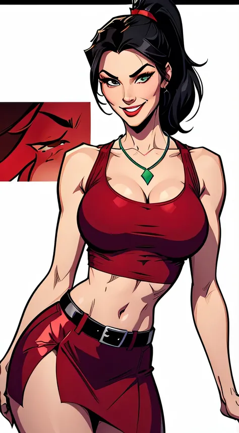 Thin woman (Elexis Sinclaire), 4K, beautiful smiling, seducing gaze, red v-neck t-shirt, black belt on red midi skirt, white peel split no color, necklace with green jewel, black hair with ponytail, eyes browns, busty. comic style, white background.