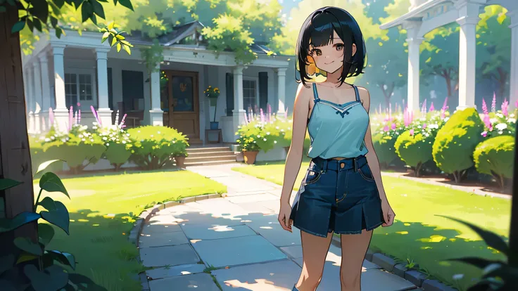 (high quality, High resolution, Very detailed), Peaceful atmosphere, (Outdoor, garden), Teenage girl standing alone, (my breasts are big.), Beautiful details, Cute Smile, (Black bob hair), camisole, Denim skirt, Blue socks, sneakers.