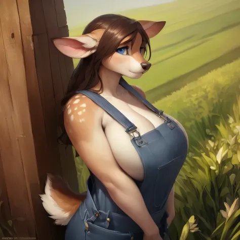 uploaded on e621, by Pixelsketcher, by Bayard Wu, by Thomas Benjamin Kennington , by Einshelm, solo anthro female deer doe with ((nice breasts)) and (fluffy tail) and ((clear navy blue eyes)), (( full body portrait)), BREAK, ((wear dirty work overalls)), s...