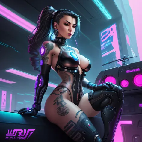 Ultra-realistic full-length image of a woman with tattoos on her body, digital airbrush art in the etherpunk style, beautiful cyborg girl in the pin-up style, evil magnificent goddess in the cyberpunk style, seductive dark fantasy in the cyberpunk style, d...