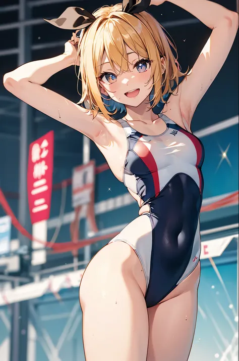 Vocaloid,Kagamine Rin, short hair,yellow hair, number tattoo,(see through white competition swimsuit,see through:1.5),(chibi:1.2),navel,thighs, Sweating,smile,open mouth,jumping, masterpiece,Noise Reduction,perfect anatomy,high resolution, ultra-detailed, ...