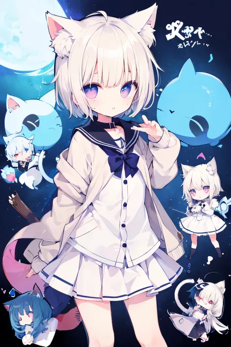 White cardigan、Putting on a collar、Elementary school girl、platinum blonde short cut,Very beautiful and Shining Eyes、Shining Eyes、1 person、Cat ear、(((((Small body)))))、heart❤、((Sweat、vapor)）