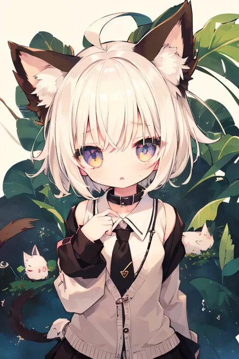 White cardigan、Putting on a collar、Elementary school girl、platinum blonde short cut,Very beautiful and Shining Eyes、Shining Eyes、1 person、Cat ear、(((((Small body)))))、heart❤、((Sweat、vapor)）