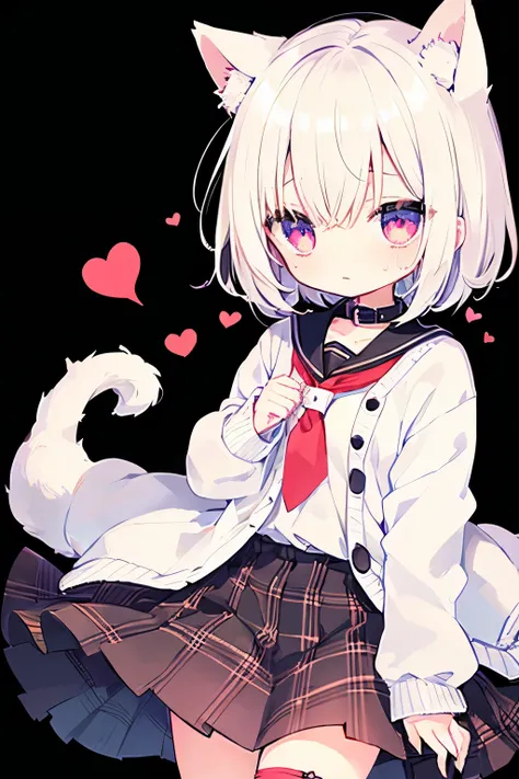 White cardigan、Putting on a collar、Elementary school girl、platinum blonde short cut,Very beautiful and Shining Eyes、Shining Eyes、1 person、Cat ear、(((((Small body)))))、heart❤、((Sweat、vapor)）