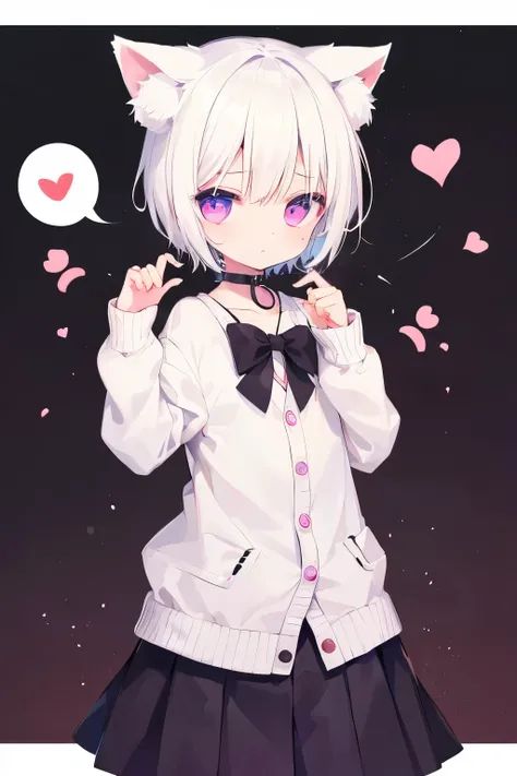 White cardigan、Putting on a collar、Elementary school girl、platinum blonde short cut,Very beautiful and Shining Eyes、Shining Eyes、1 person、Cat ear、(((((Small body)))))、heart❤、((Sweat、vapor)）