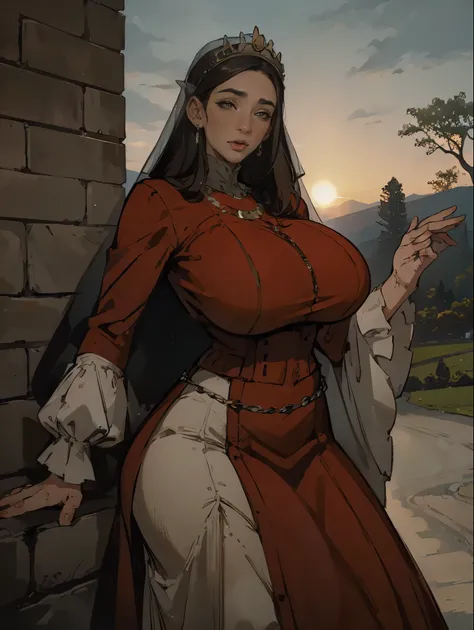 Gorgeous and sultry busty athletic (thin) brunette queen with sharp facial features wearing a modest updo, dark red medieval dress, long sleeves, intricate patterns, scrollwork, wide neck, crown, veil, long dress, modest dress, tight bodice, silver belt, (...