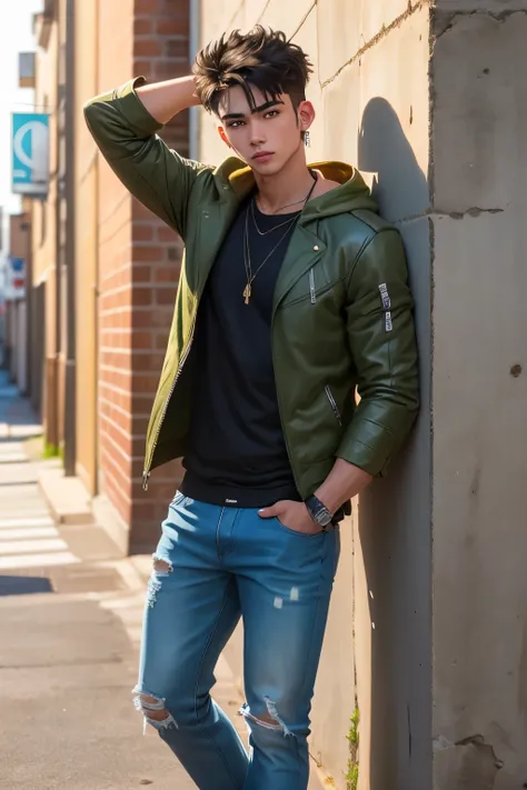 Solo, latino boy of 19 years old, tan skin, toned, lean, black hair, french crop hair, left eye green, right eye brown, indoors, standing, arms crossed, front view, leaning his back against a wall, serious, black leather jacket, an olive-green hoodie layer...